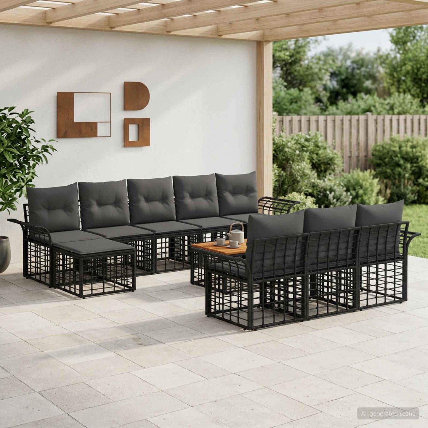 Set di divani da esterno 11 pz Nero e Grigio scuro Poliestere