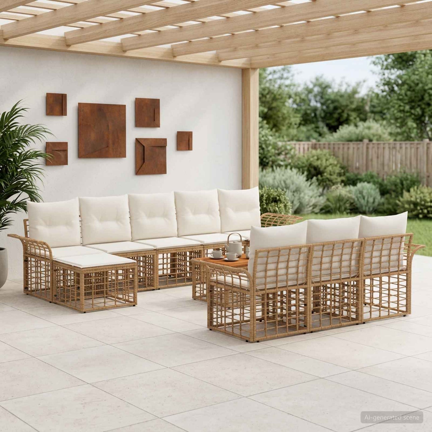 Set di divani da esterno 11 pz Naturale e Bianco Crema