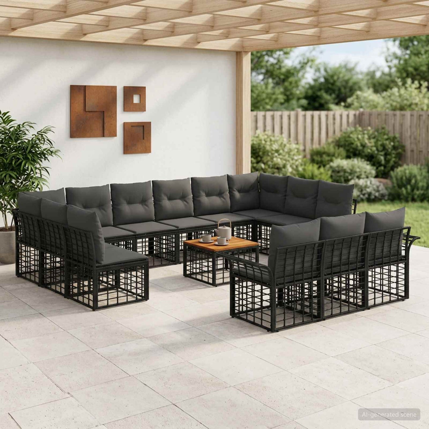 Set di divani da esterno 14 pz Nero e Grigio scuro Poliestere