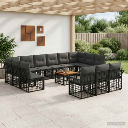 Set di divani da esterno 14 pz Nero e Grigio scuro Poliestere