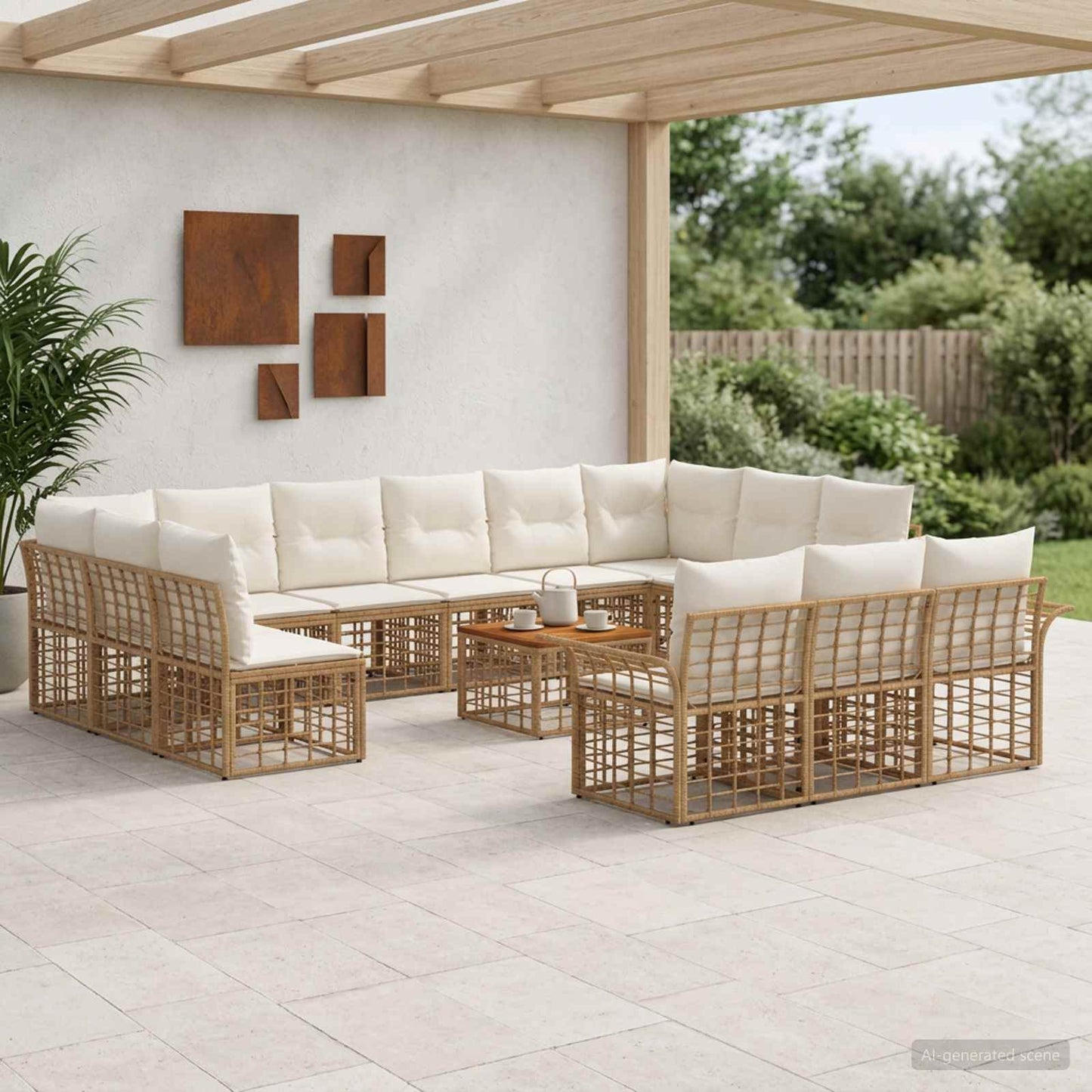 Set di divani da esterno 14 pz Naturale e Bianco Crema