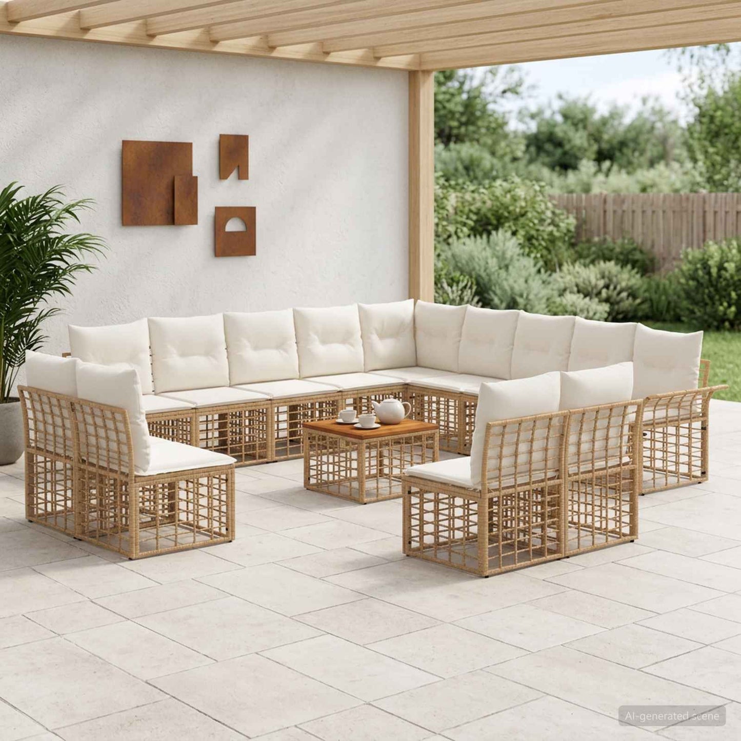 Set di divani da esterno 14 pz Naturale e Bianco Crema