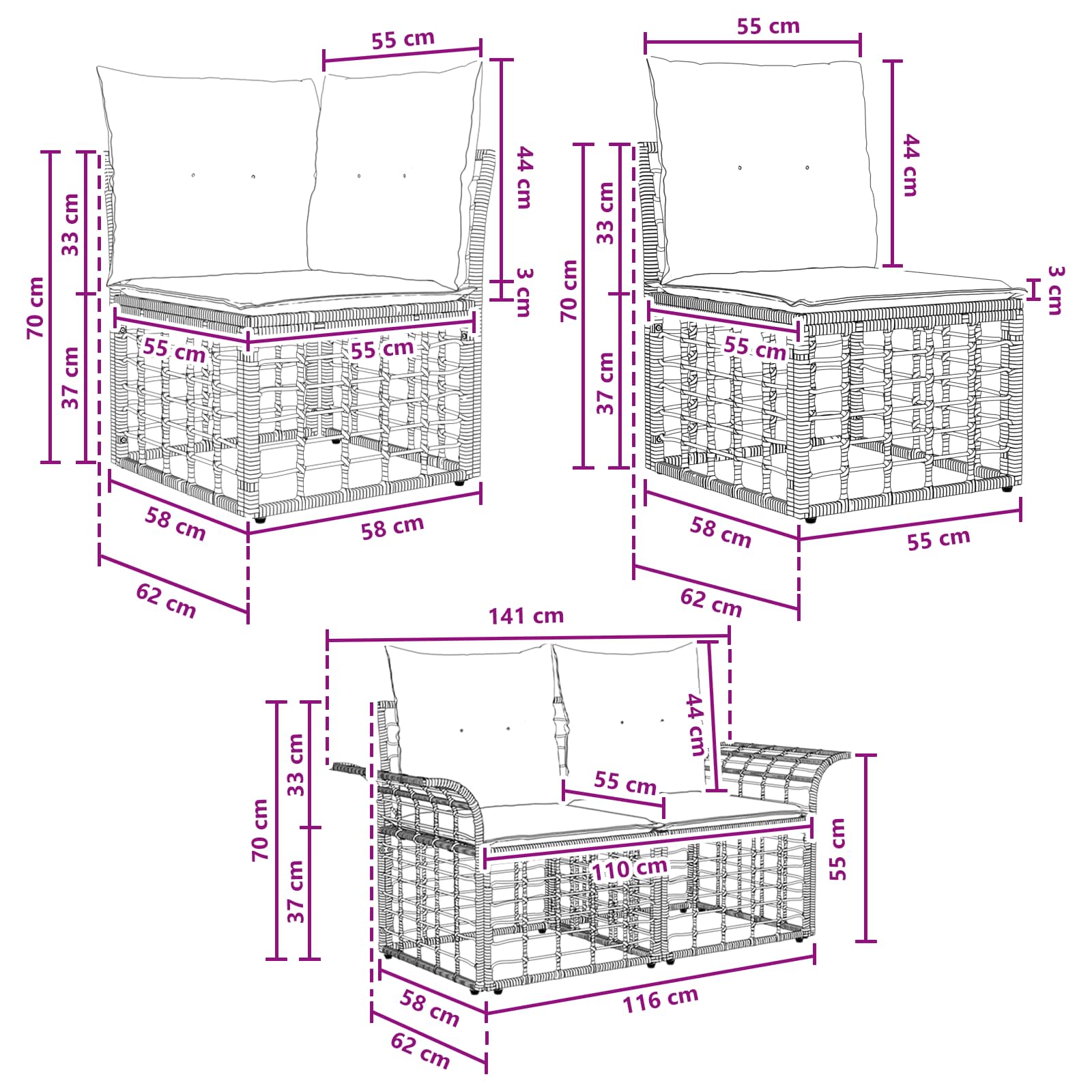 Set di divani da esterno 12 pcs Nero e Grigio scuro Poliestere | homemem39
