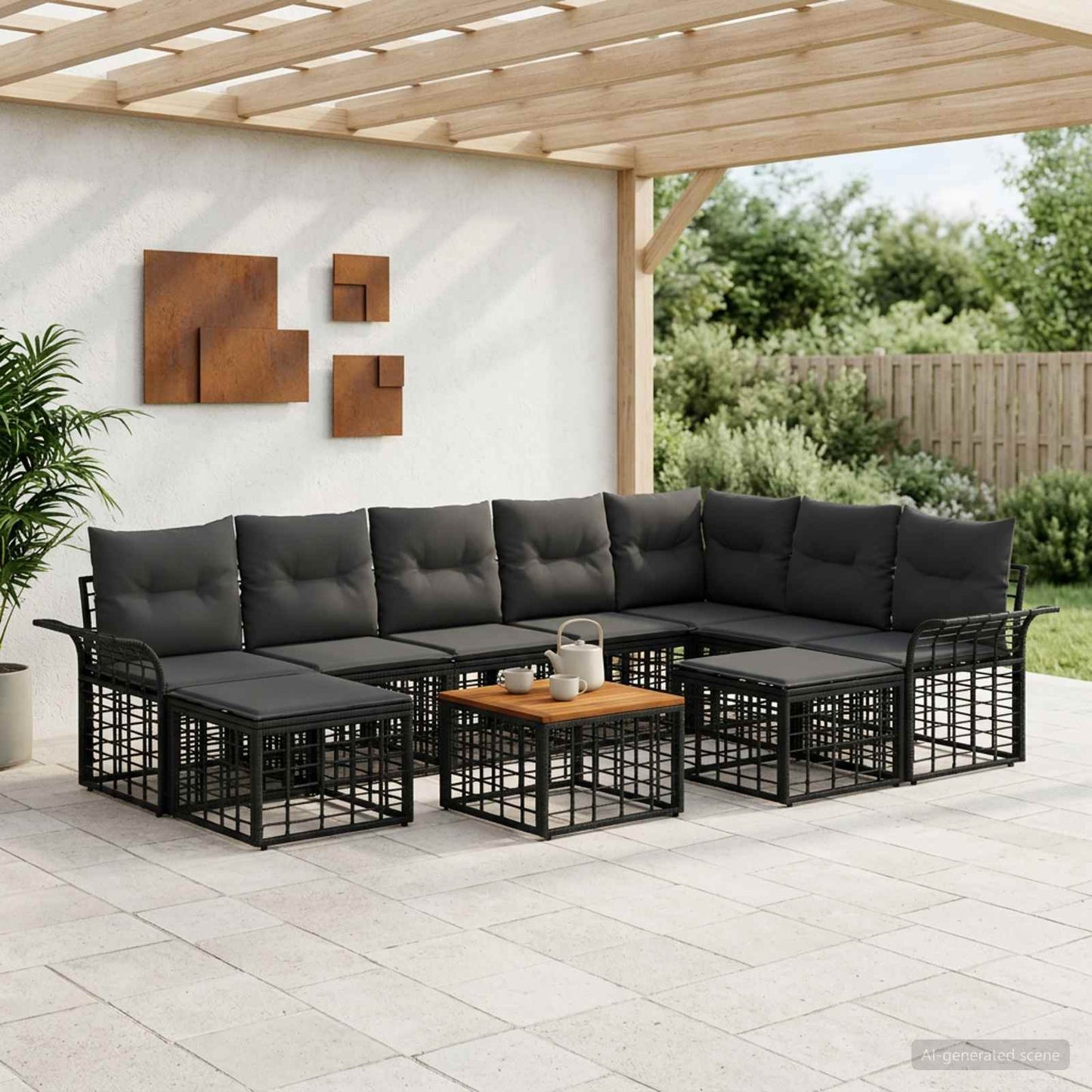 Set di divani da esterno 10 pz Nero e Grigio scuro Poliestere