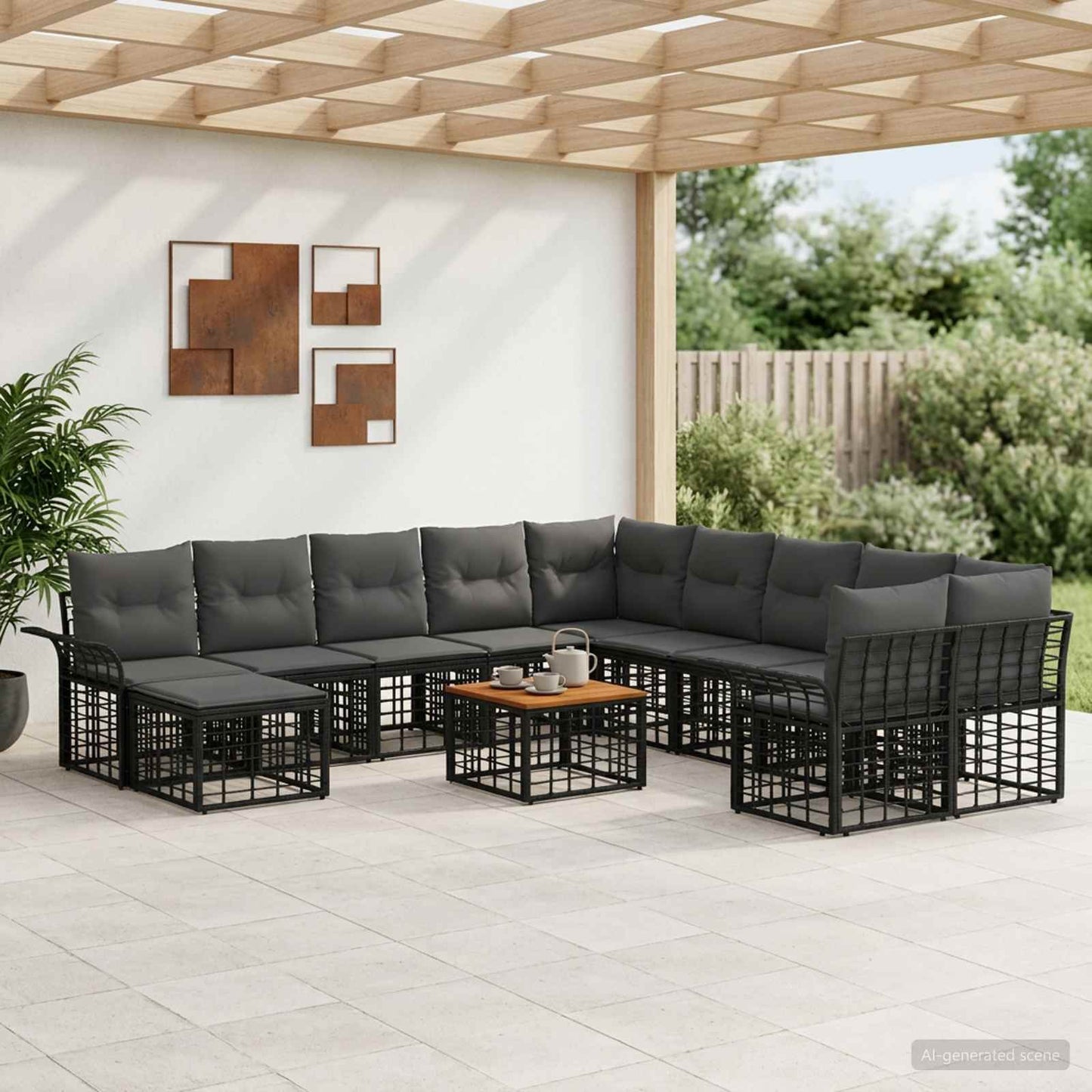 Set di divani da esterno 12 pz Nero e Grigio scuro Poliestere
