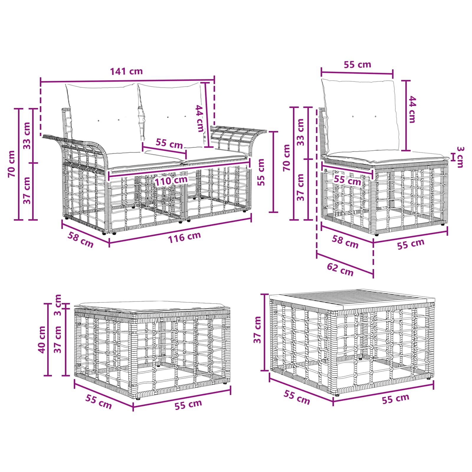 Set di divani da esterno 12 pcs Nero e Grigio scuro Poliestere | homemem39