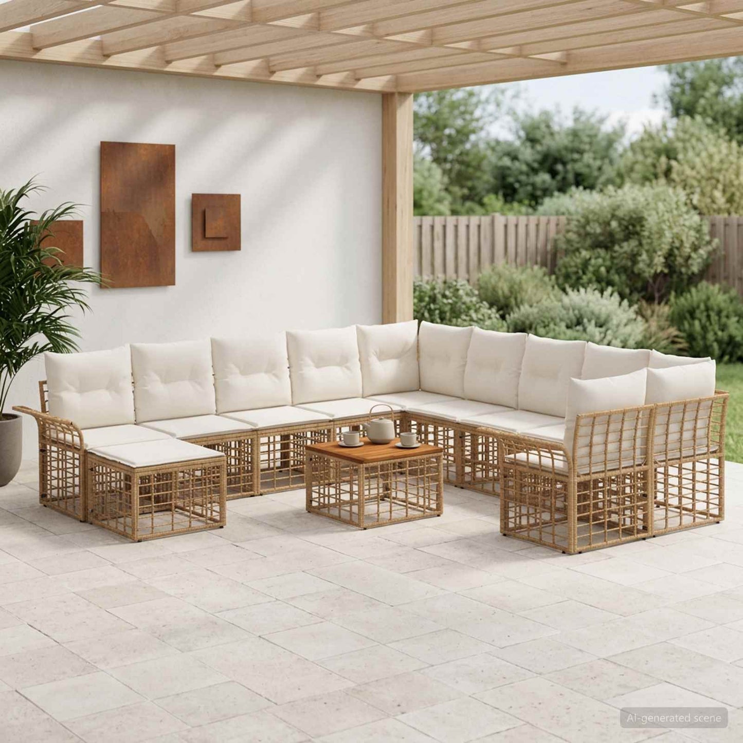 Set di divani da esterno 12 pz Naturale e Bianco Crema