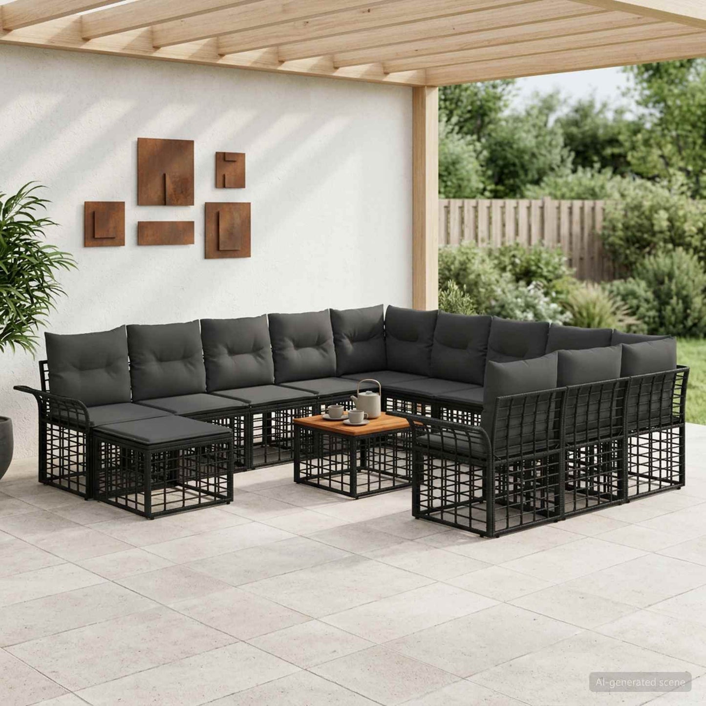 Set Divano da Giardino 13 pcs Nero e Grigio scuro polyrattan