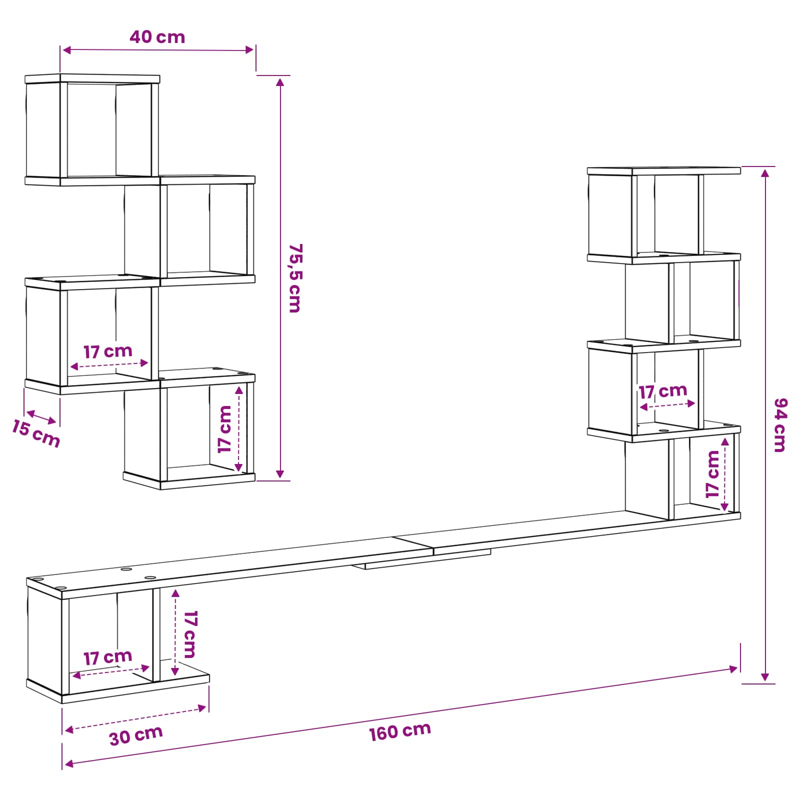 Mensola per TV da muro Grigio Cemento 160 x 15 x 94 cm | homemem39