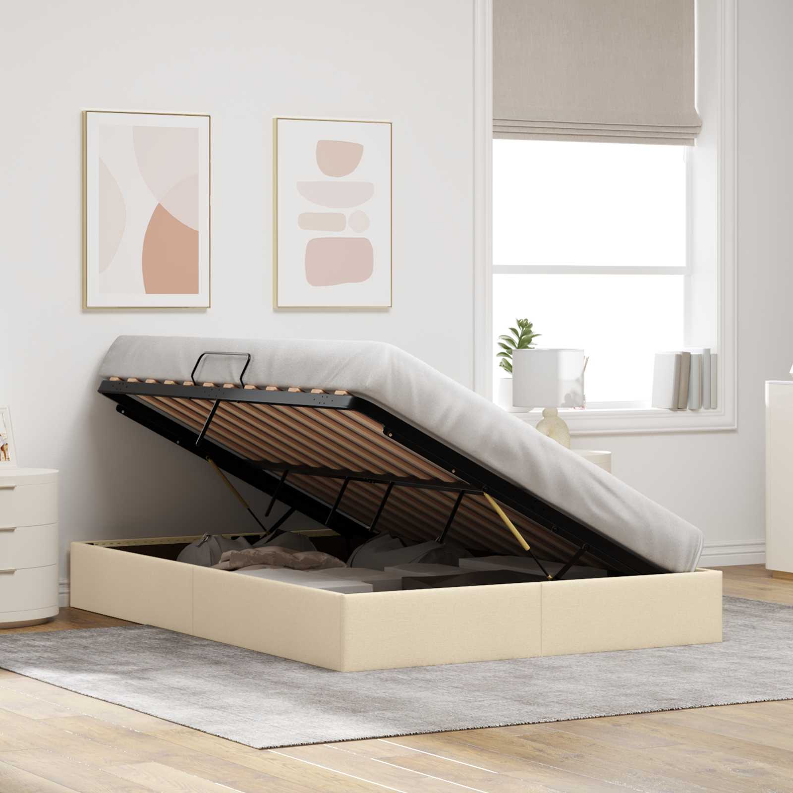 Letto ottomano con archiviazione Crema 140 x 190 cm Tessuto | homemem39