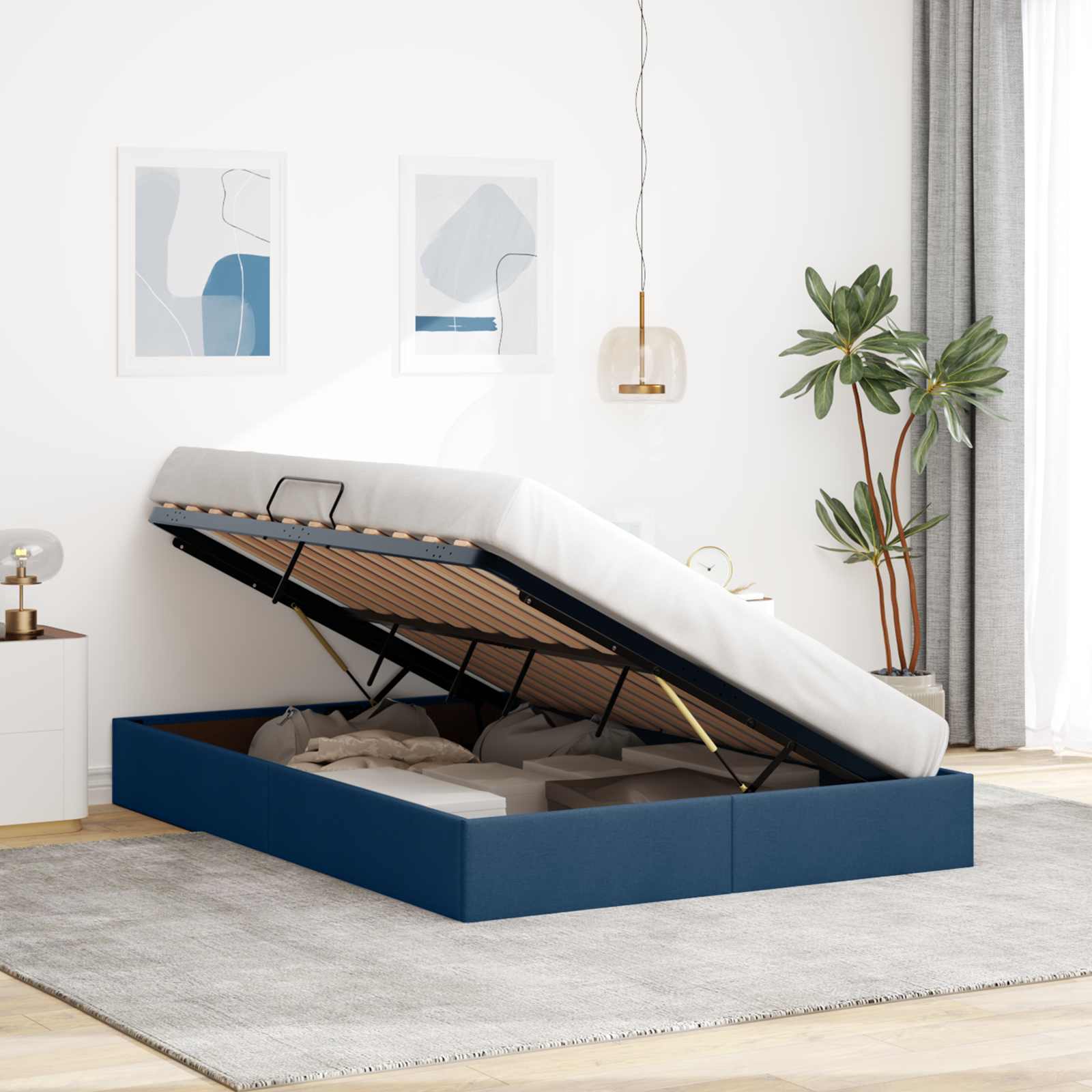 Letto ottomano con archiviazione Blu 140 x 200 cm Tessuto | homemem39