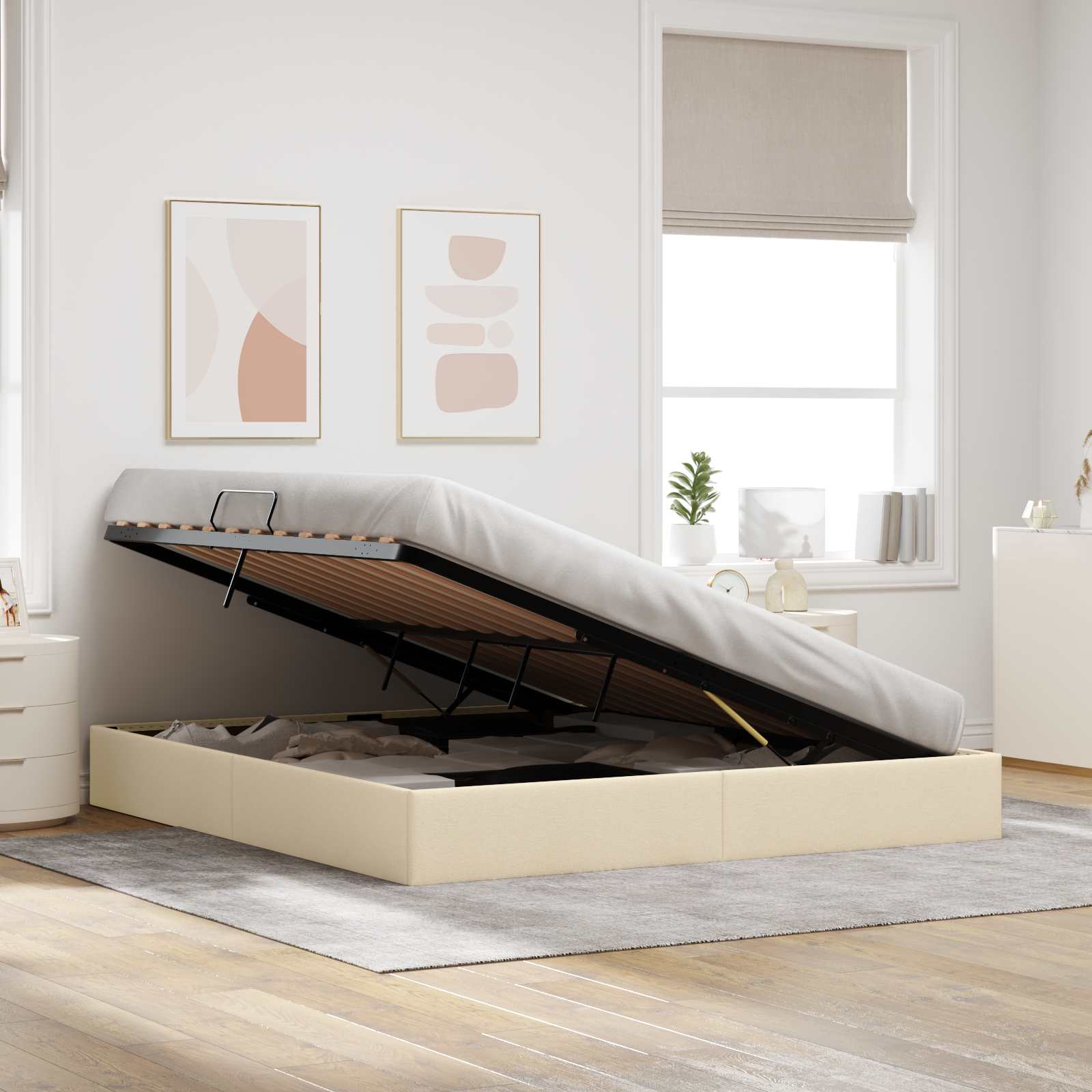 Letto ottomano con archiviazione Crema 180 x 200 cm Tessuto | homemem39