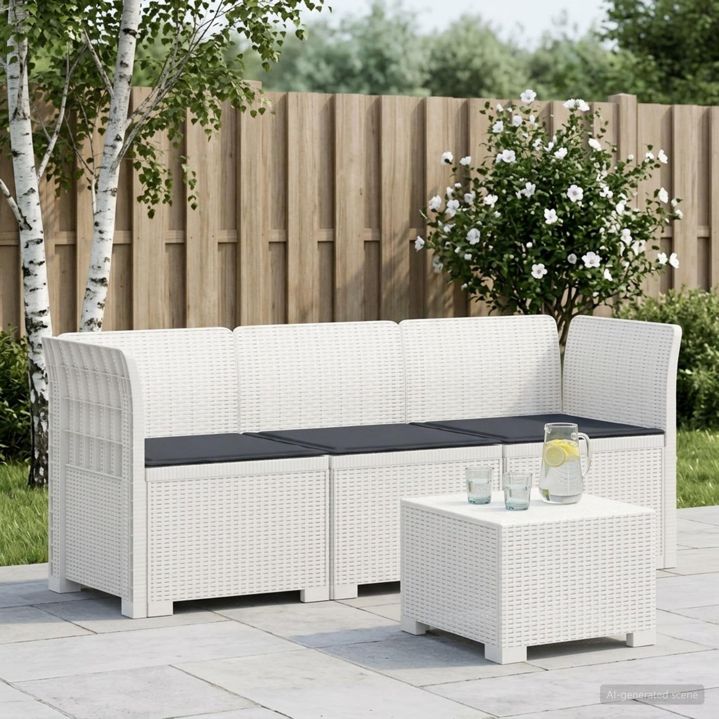 Divano da giardino 3 posti con cuscini in look rattan PP Bianco | homemem39