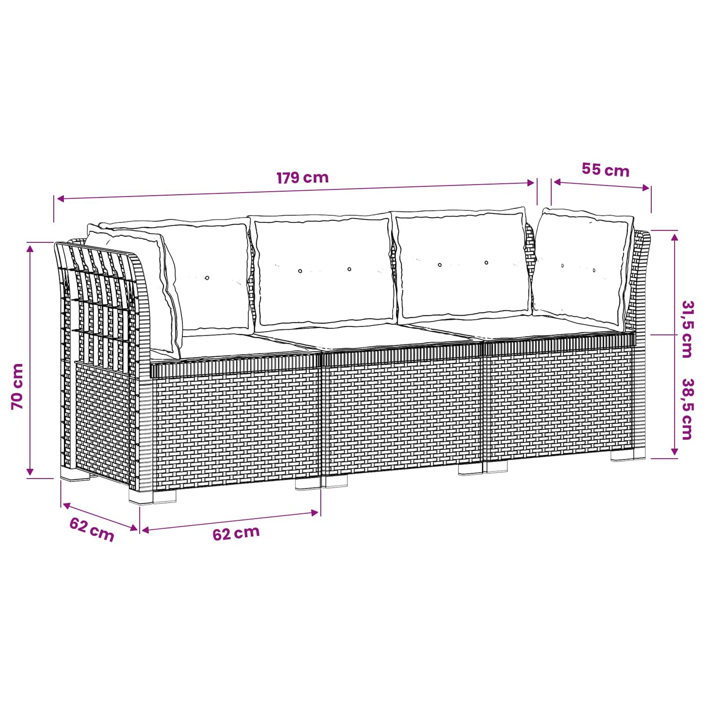 Divano da giardino 3 posti con cuscini in look rattan PP | homemem39