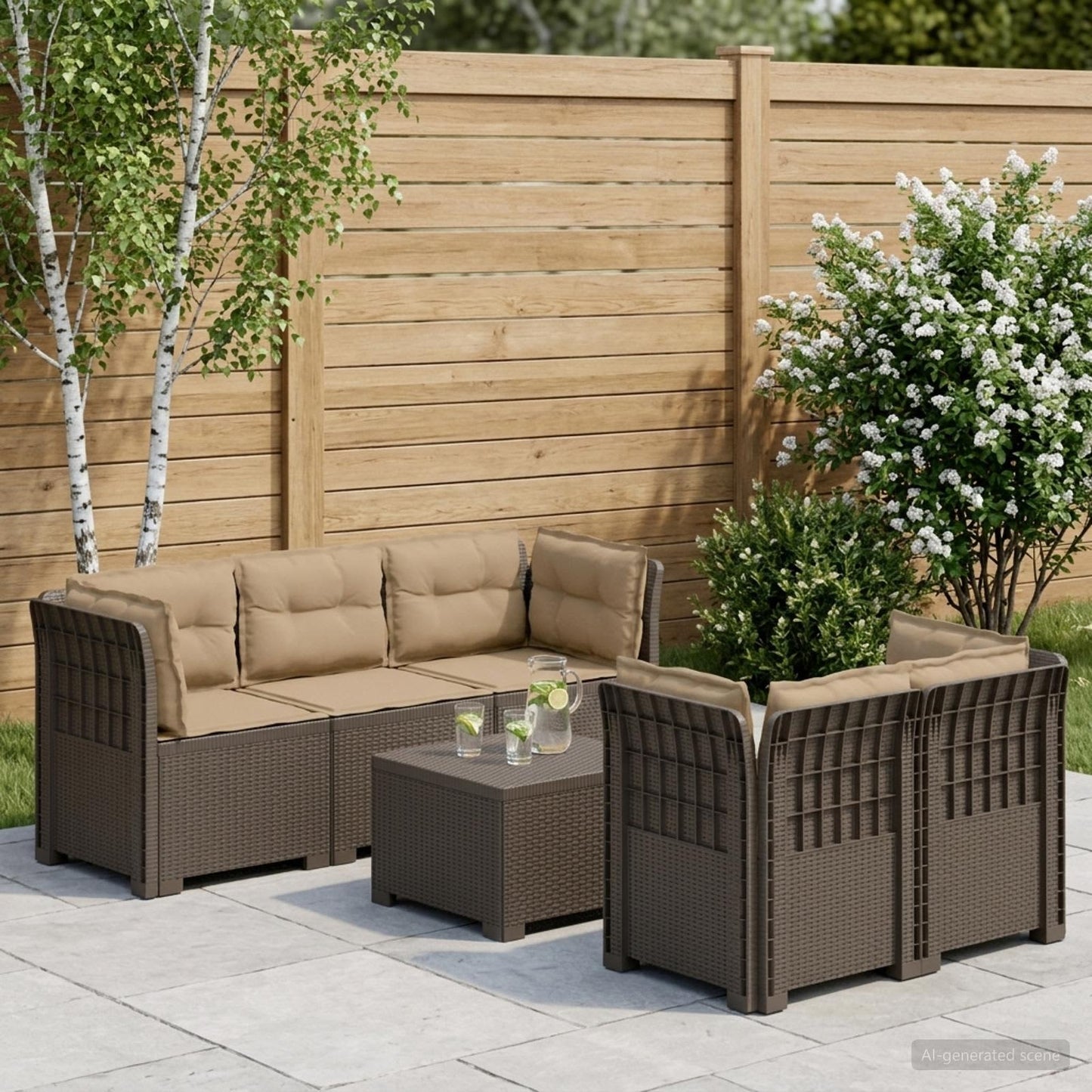 Divano da Giardino 5 Posti con Cuscini Stile Rattan PP | homemem39