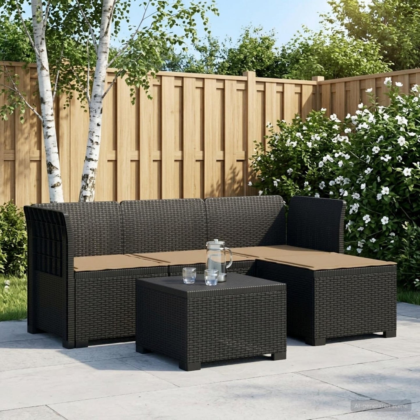 Divano da giardino 4 posti con cuscini aspetto rattan PP | homemem39