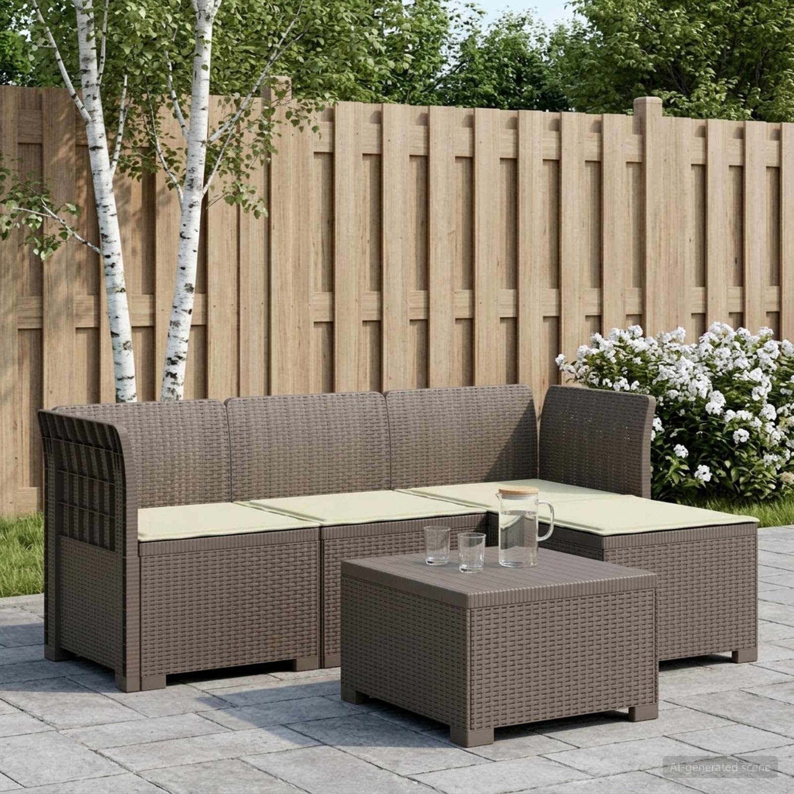 Divano da giardino 4 posti con cuscini aspetto rattan PP | homemem39