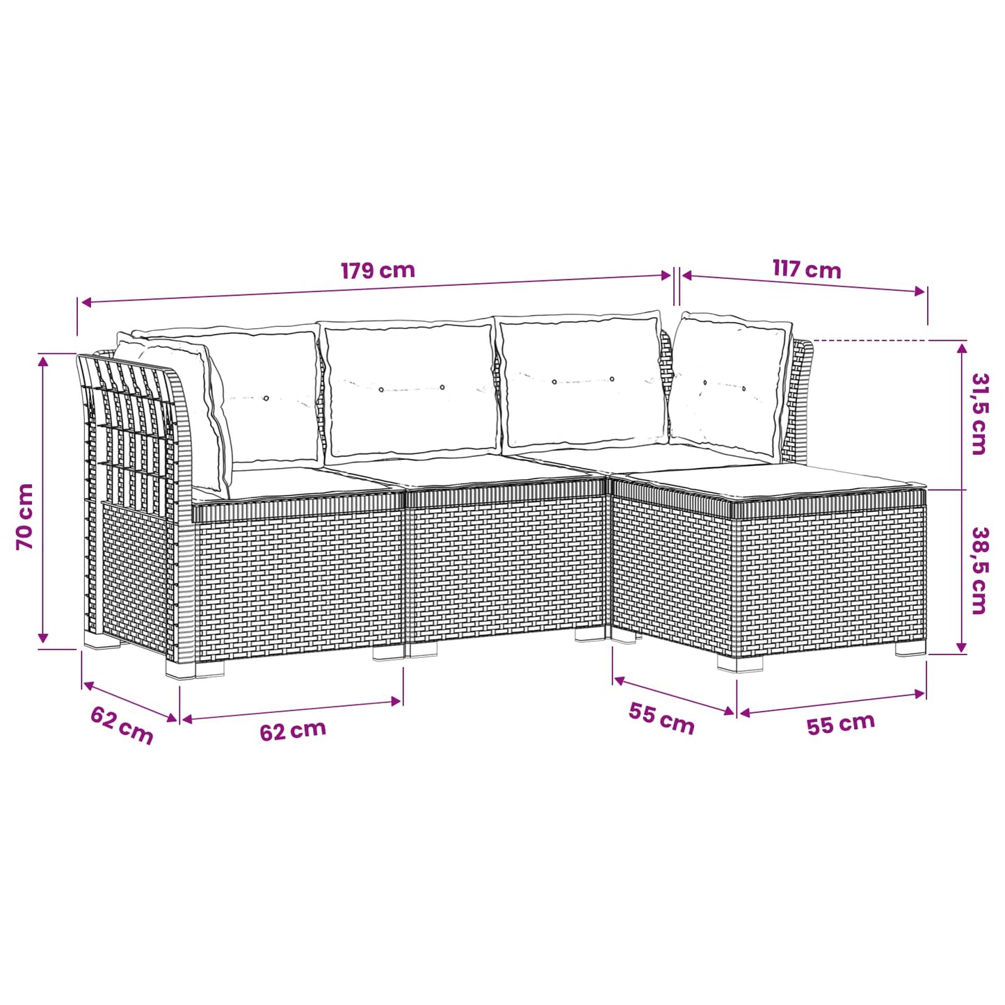 Divano da giardino 4 posti con cuscini aspetto rattan PP Bianco | homemem39