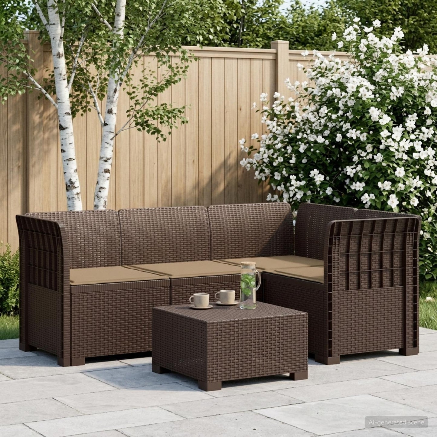 Divano da Giardino 4 Posti con Cuscini Aspetto Rattan PP | homemem39