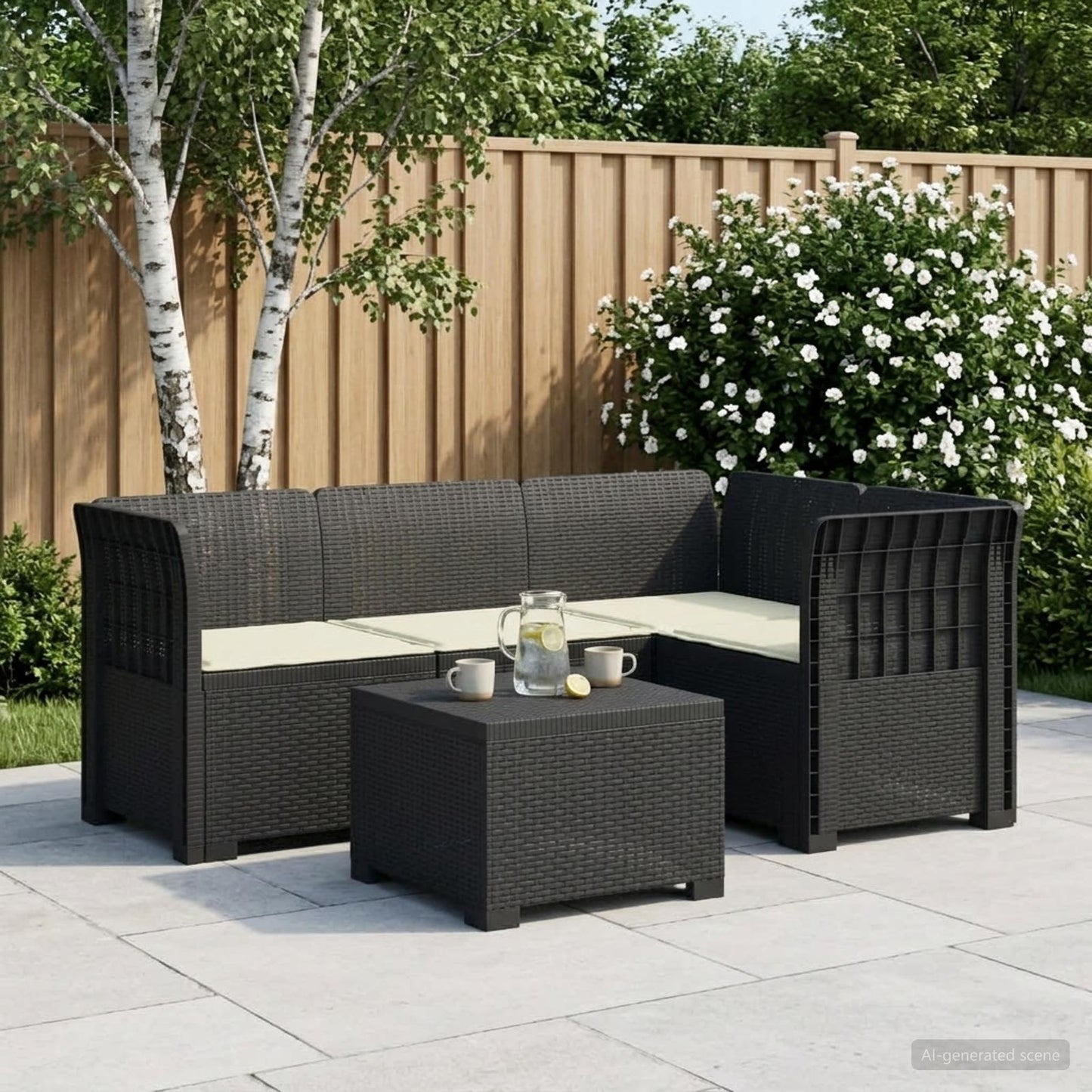 Divano da giardino 4 posti con cuscini aspetto rattan PP | homemem39