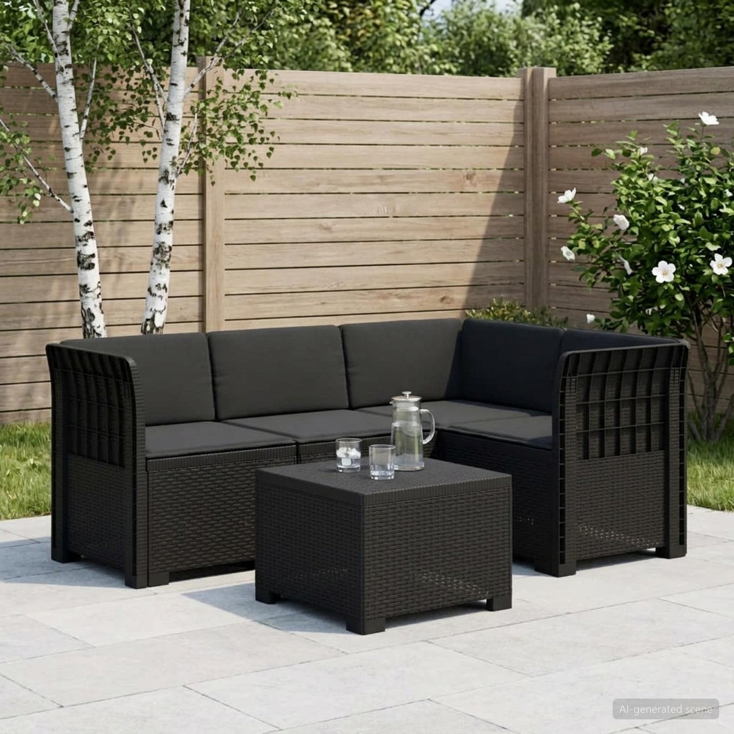 Divano da giardino 4 posti con cuscini aspetto rattan PP | homemem39