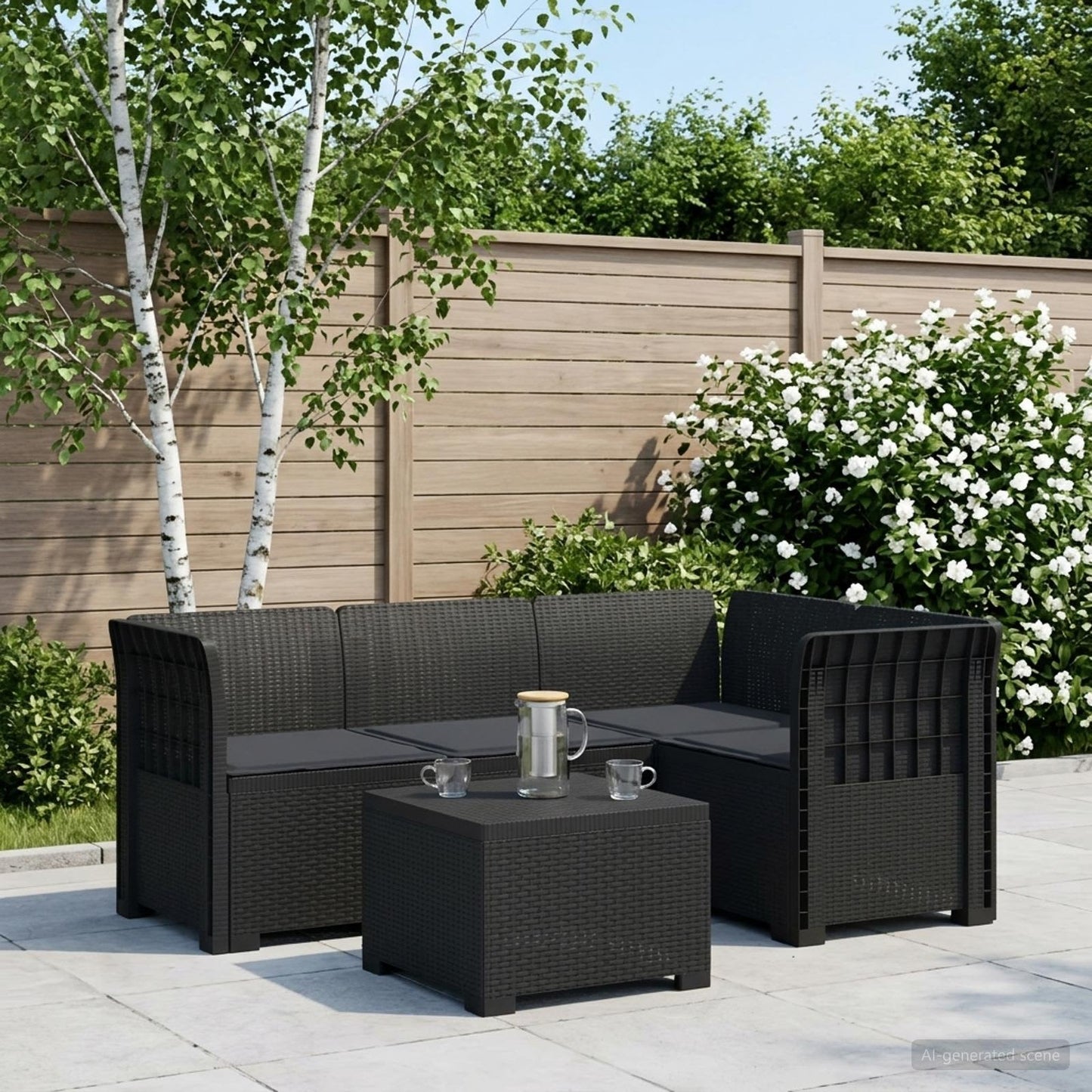 Divano da giardino 4 posti con cuscini aspetto rattan PP | homemem39