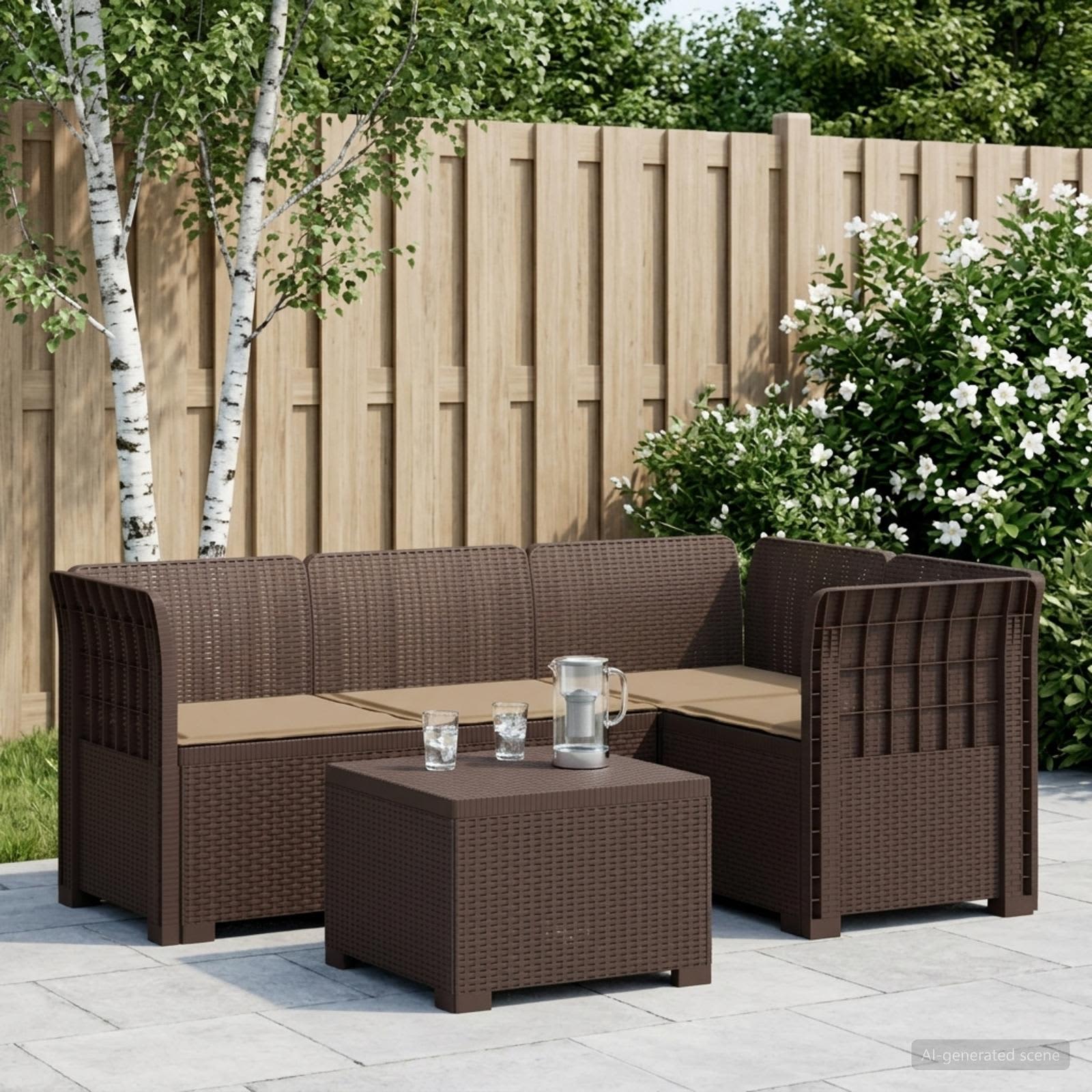 Divano da giardino 4 posti con cuscini aspetto rattan PP | homemem39