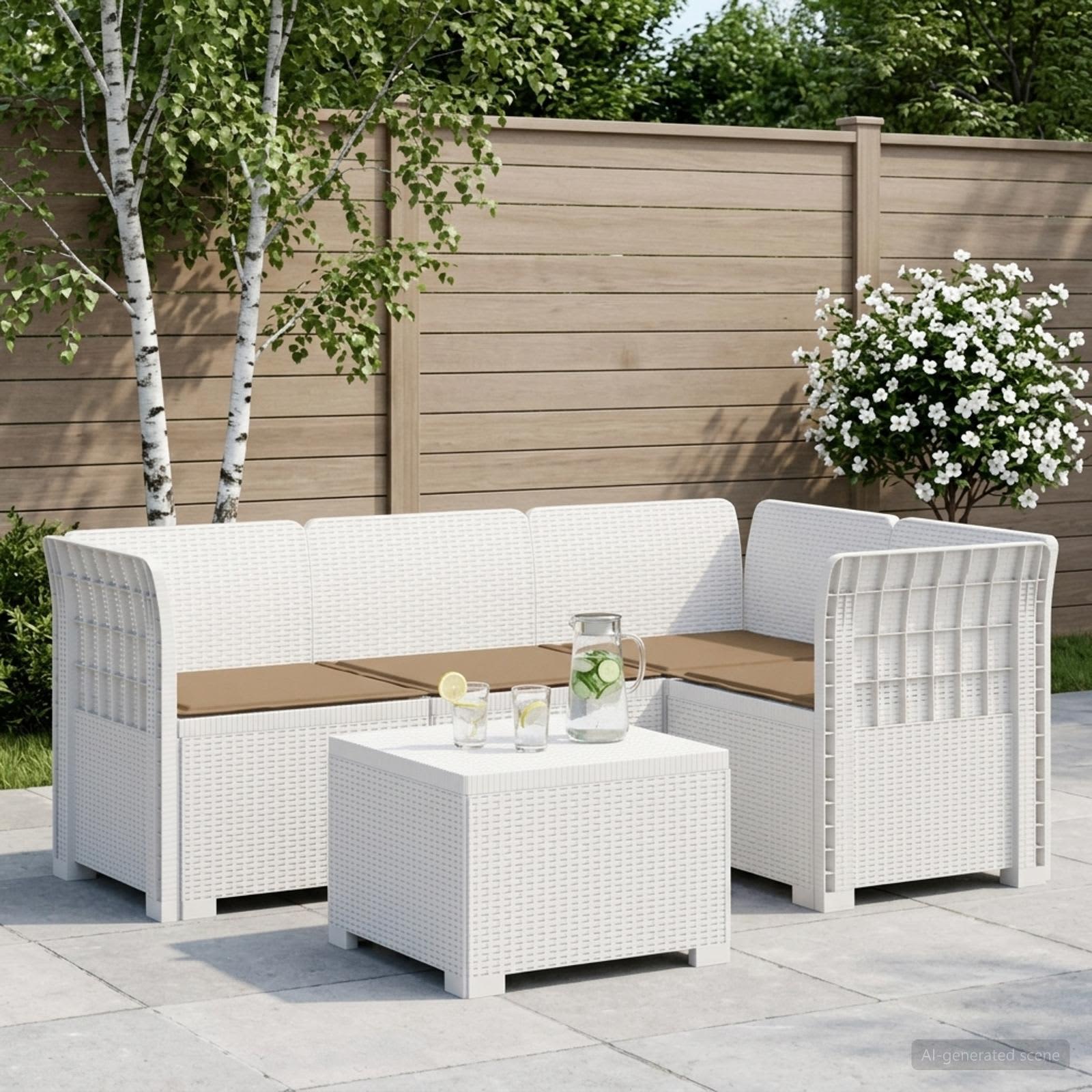 Divano da giardino 4 posti con cuscini aspetto rattan PP Bianco | homemem39