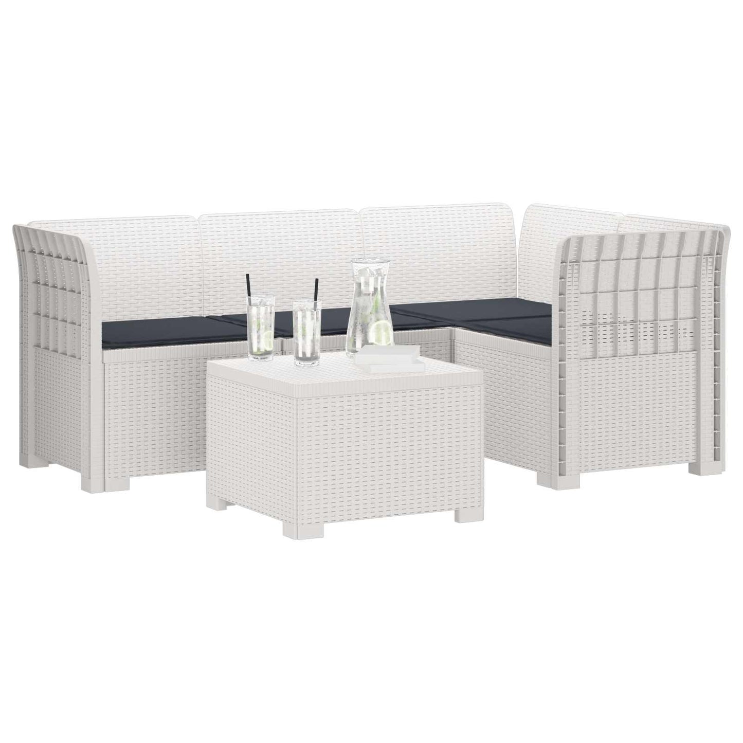 Divano da giardino 4 posti con cuscini aspetto rattan PP Bianco | homemem39