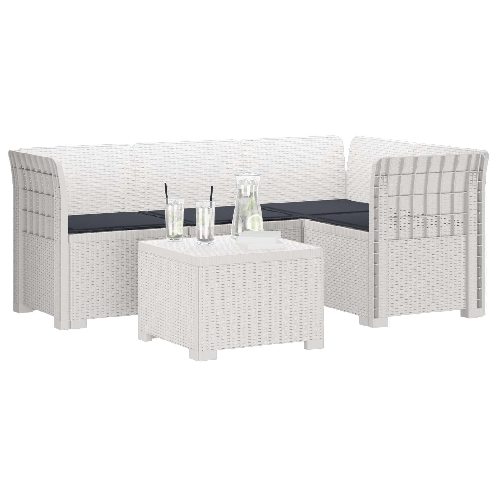 Divano da giardino 4 posti con cuscini aspetto rattan PP Bianco | homemem39
