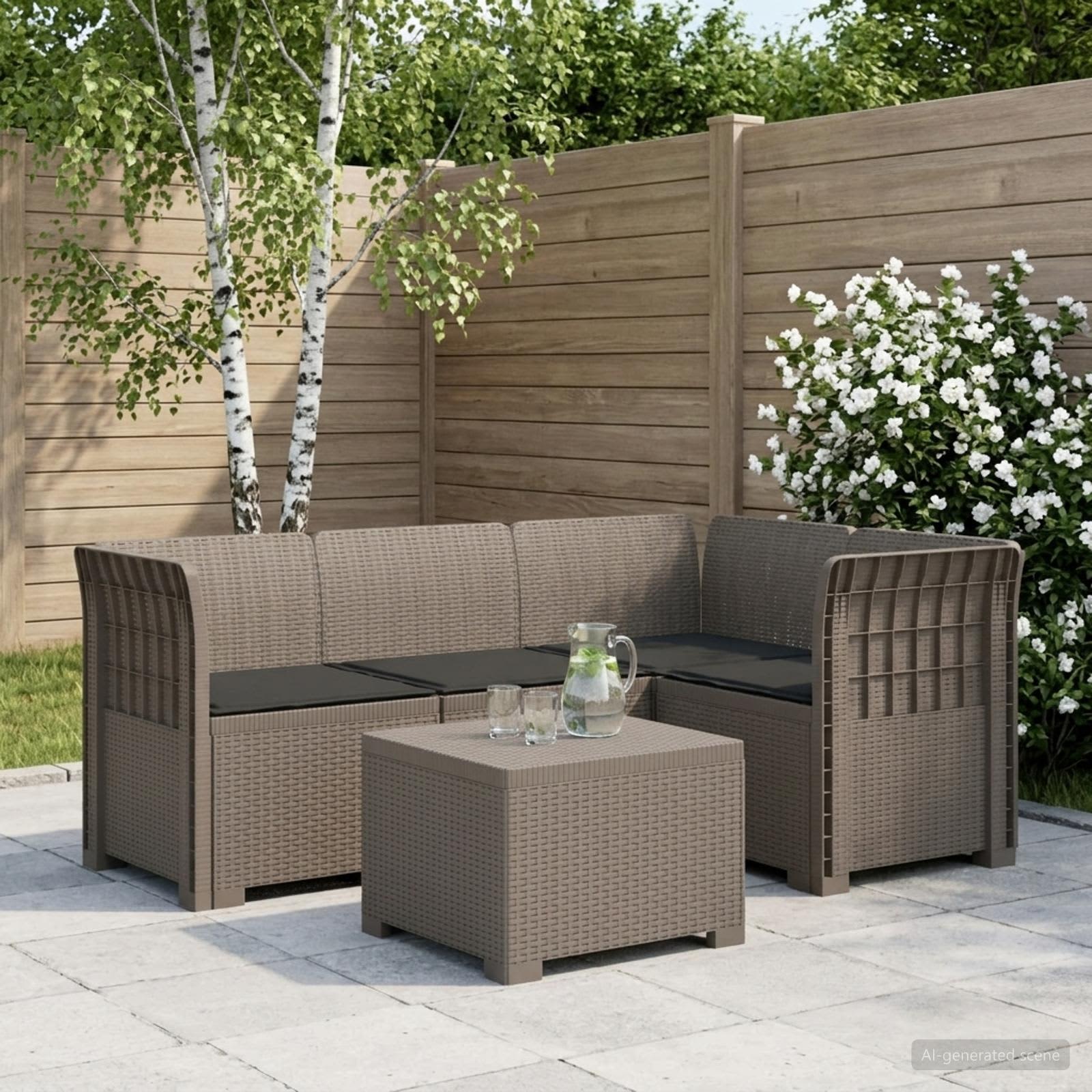 Divano da giardino 4 posti con cuscini aspetto rattan PP | homemem39