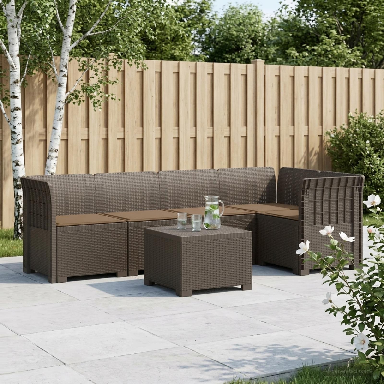 Divano da Giardino 5 Posti con Cuscini Stile Rattan PP | homemem39