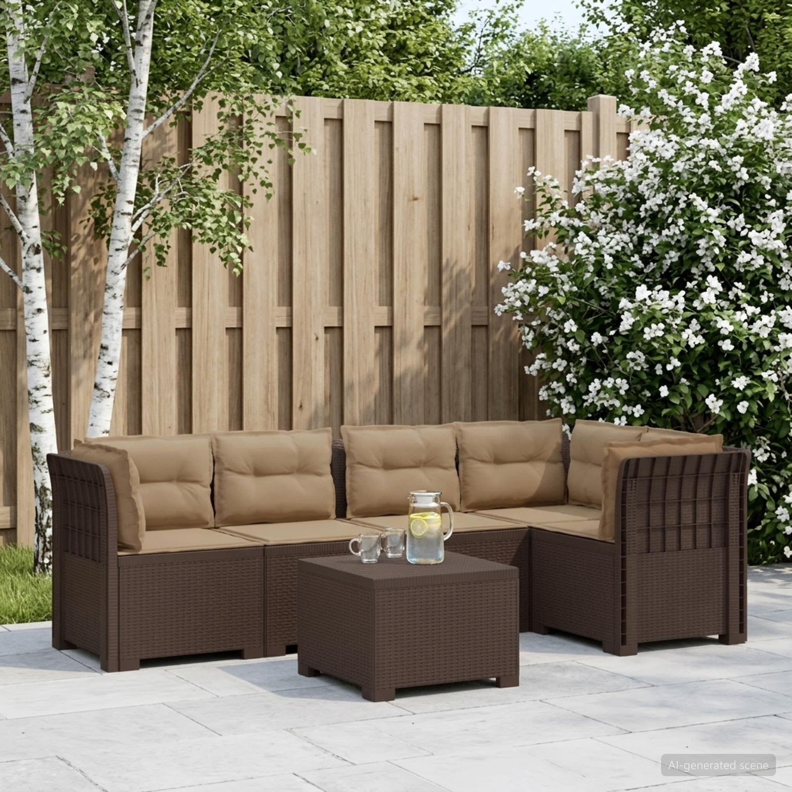 Divano da Giardino 5 Posti con Cuscini Stile Rattan PP Marrone | homemem39