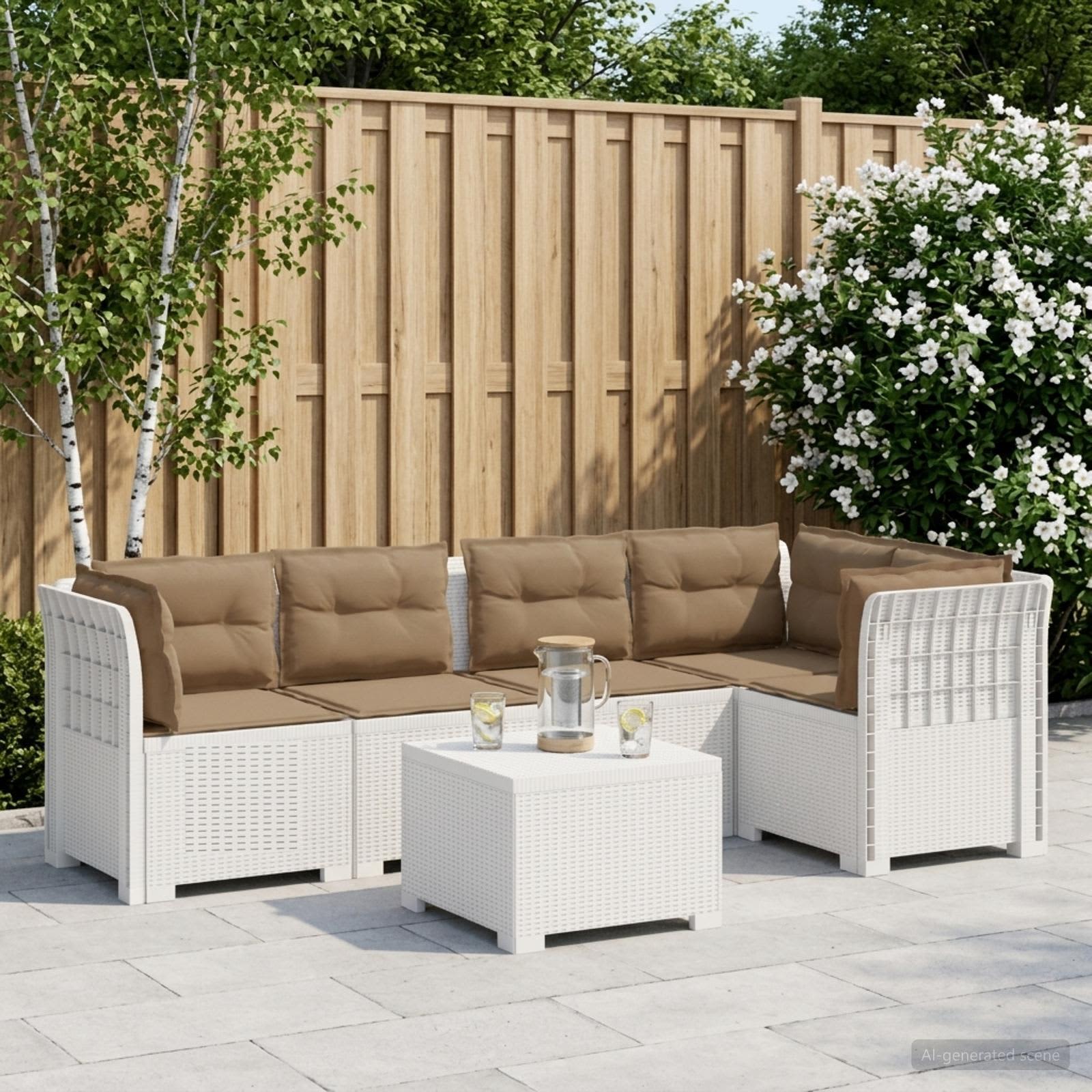 Divano da Giardino 5 Posti con Cuscini Stile Rattan PP Bianco | homemem39