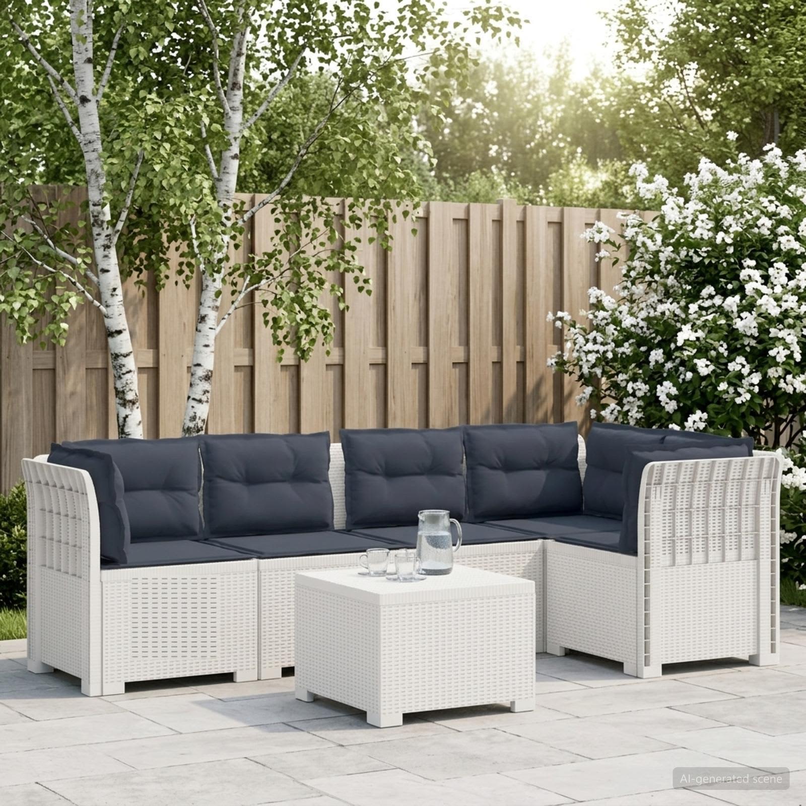 Divano da Giardino 5 Posti con Cuscini Stile Rattan PP Bianco | homemem39