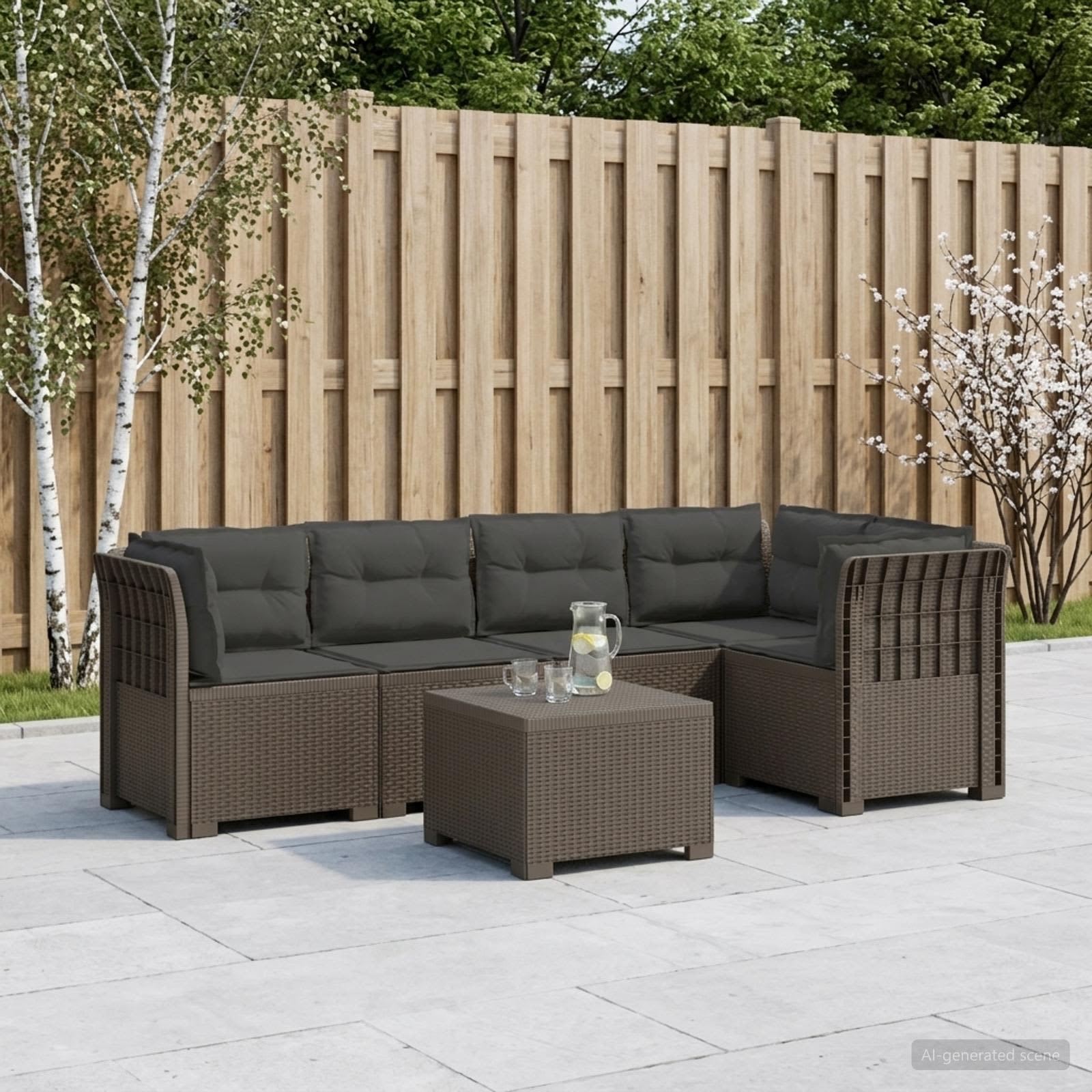 Divano da Giardino 5 Posti con Cuscini Stile Rattan PP | homemem39