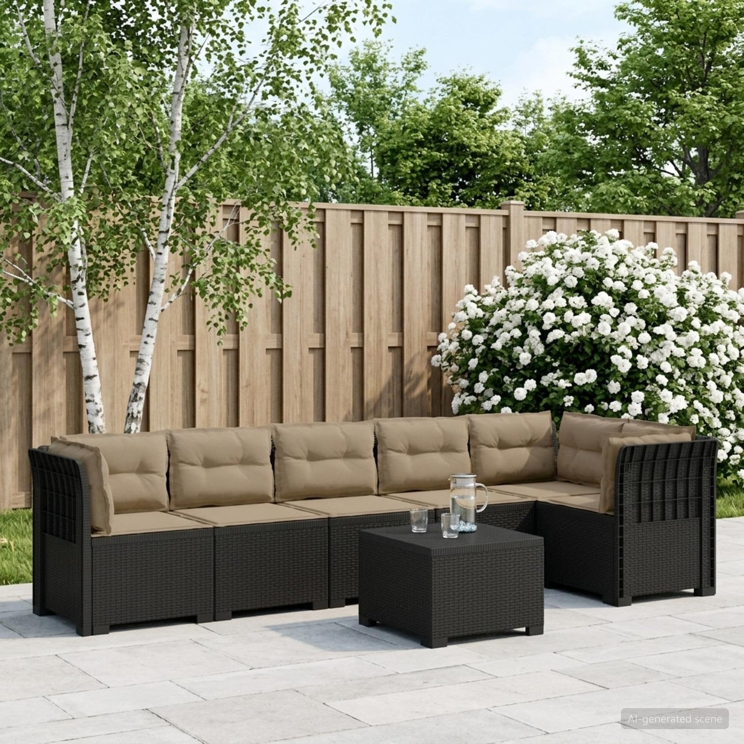 Divano da Giardino 6 Posti con Cuscini Aspetto Rattan PP | homemem39