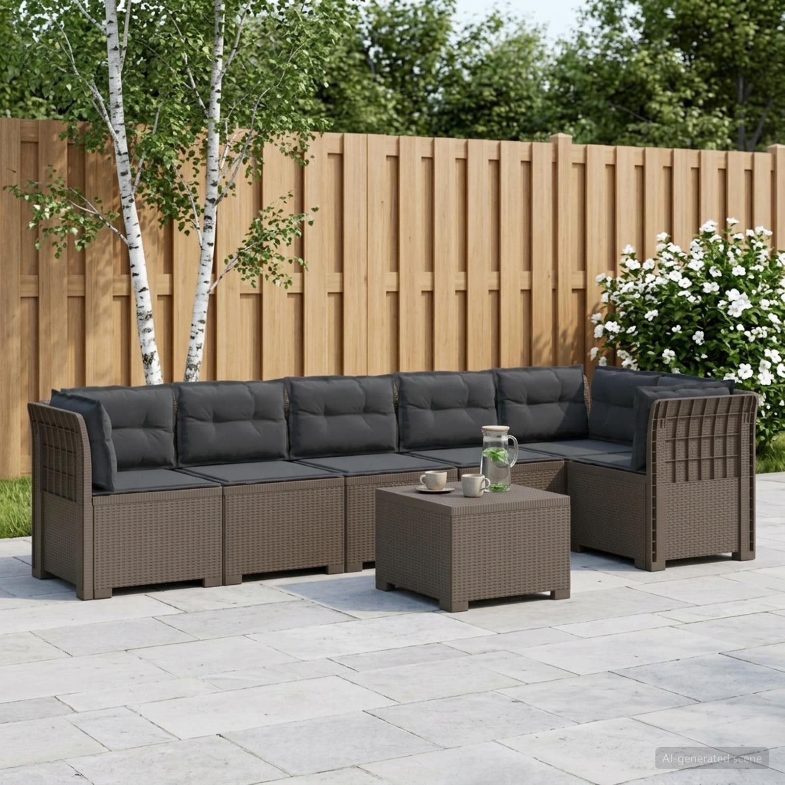 Divano da Giardino 6 Posti con Cuscini Aspetto Rattan PP | homemem39