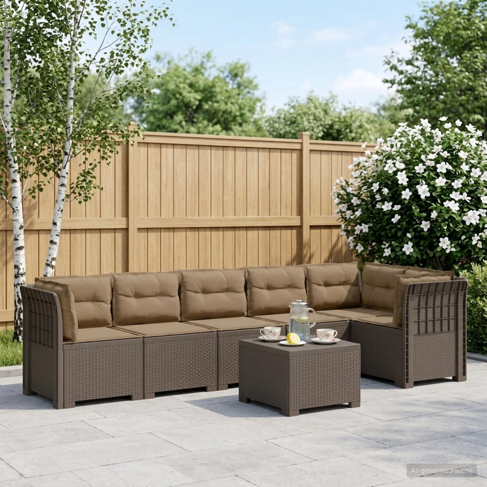 Divano da Giardino 6 Posti con Cuscini Aspetto Rattan PP | homemem39