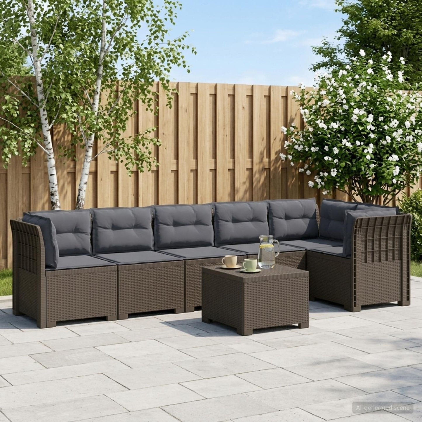 Divano da Giardino 6 Posti con Cuscini Aspetto Rattan PP | homemem39