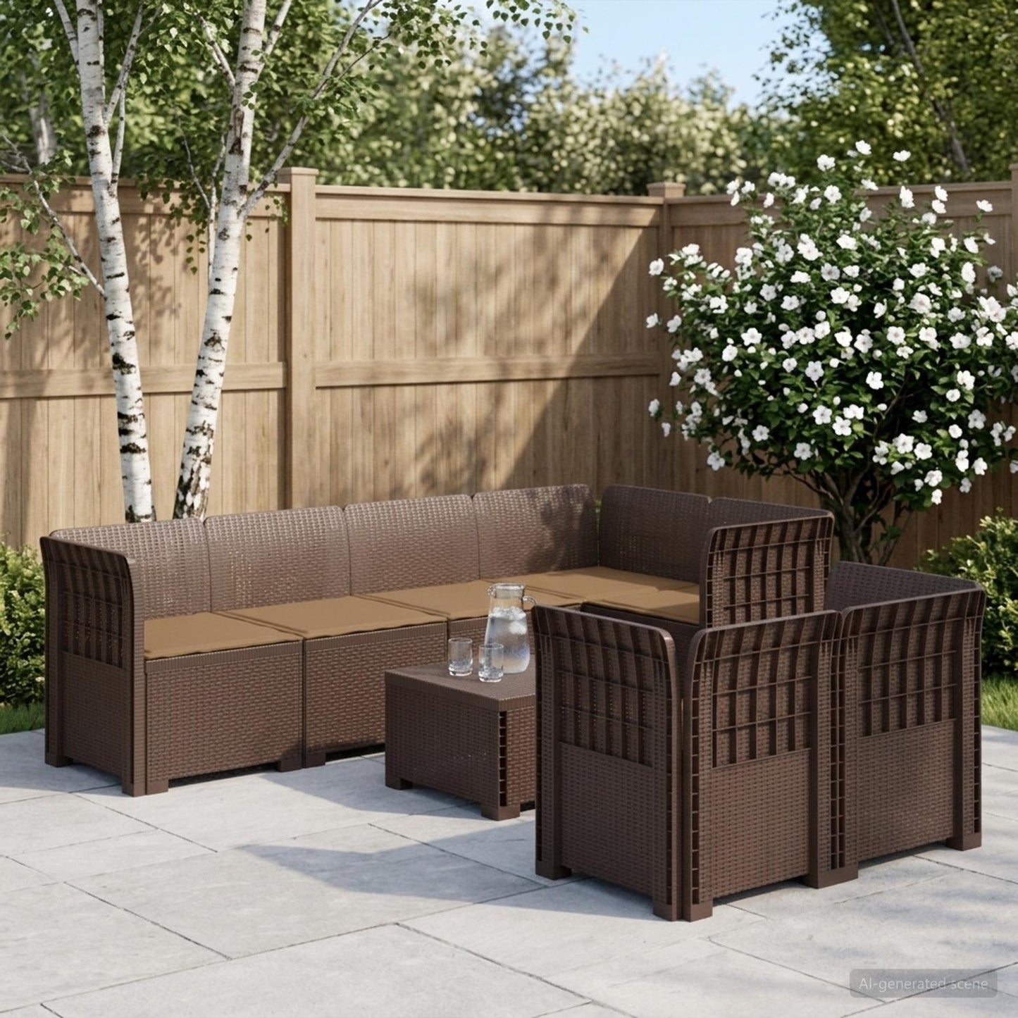 Divano 7 Posti da Giardino con Cuscini Aspetto Rattan PP