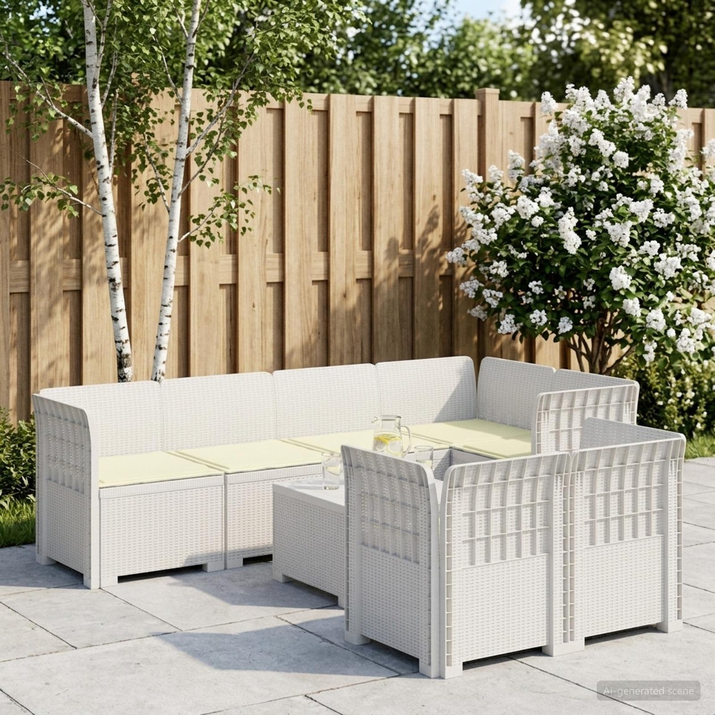 Divano 7 Posti da Giardino con Cuscini Aspetto Rattan PP Bianco | homemem39