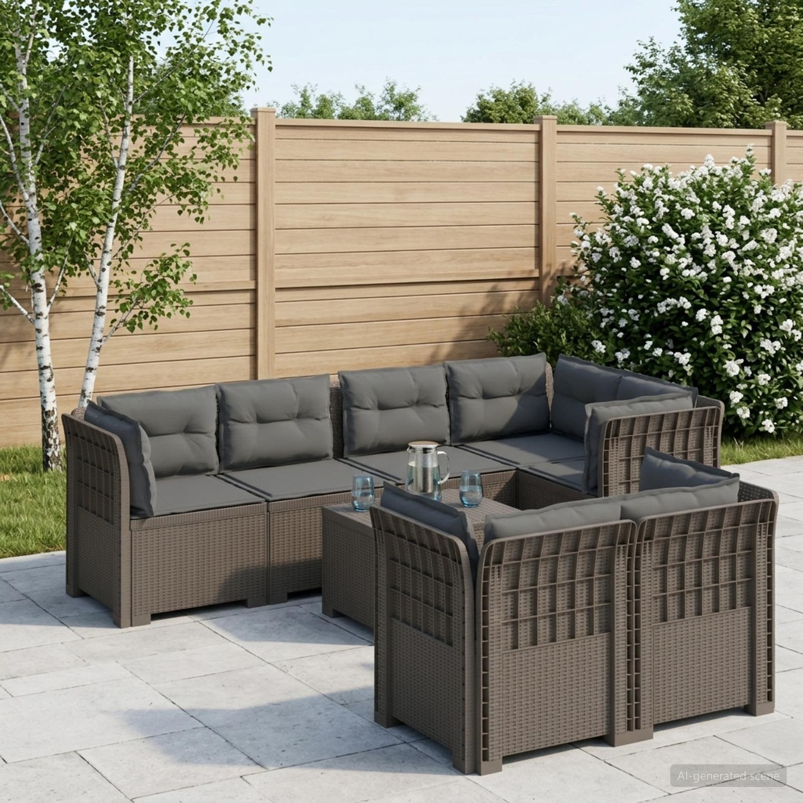 Divano 7 Posti da Giardino con Cuscini Aspetto Rattan PP | homemem39