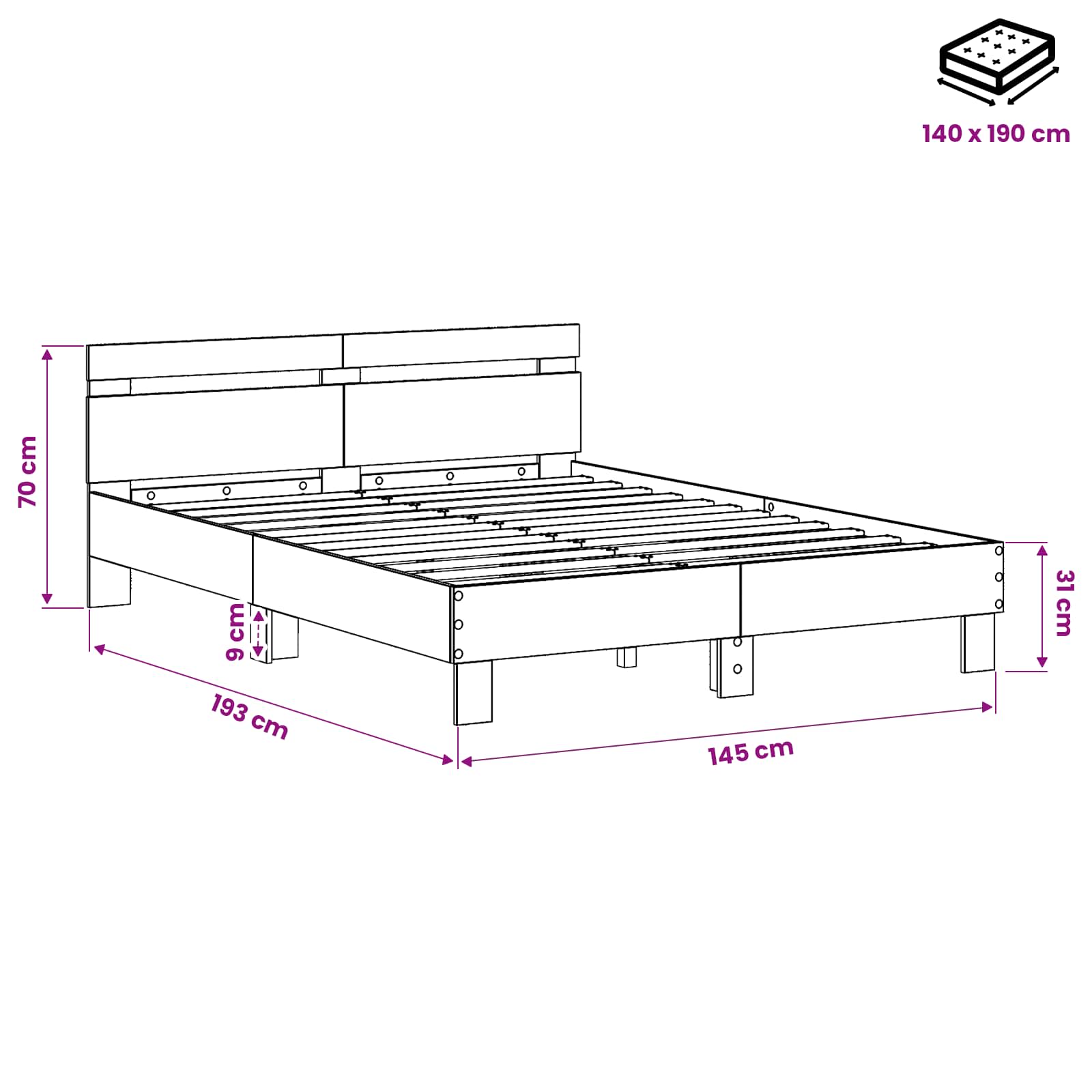 Struttura del letto Rovere Artigianale 140 x 190 cm | homemem39