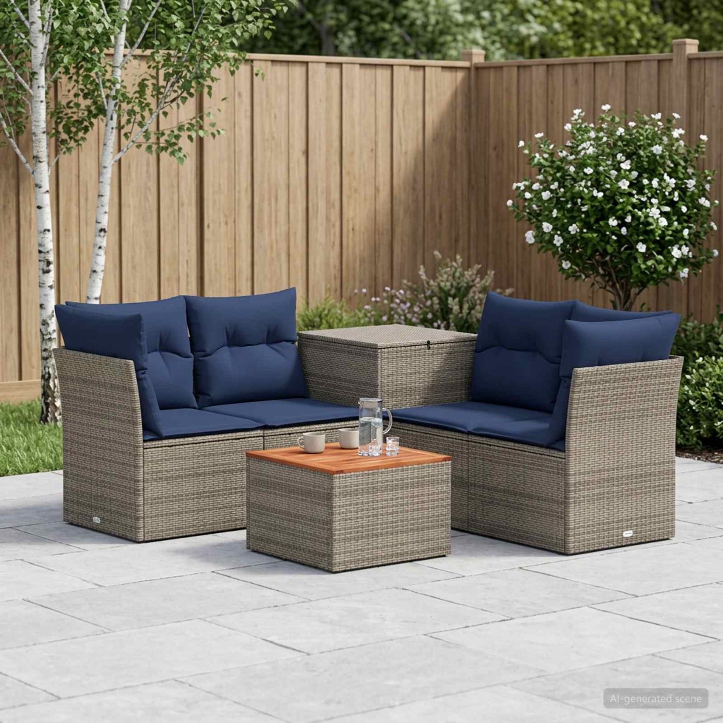 Set di divani 6 pz Grigio e Blu Navy Rattan sintetico e Acciaio | homemem39