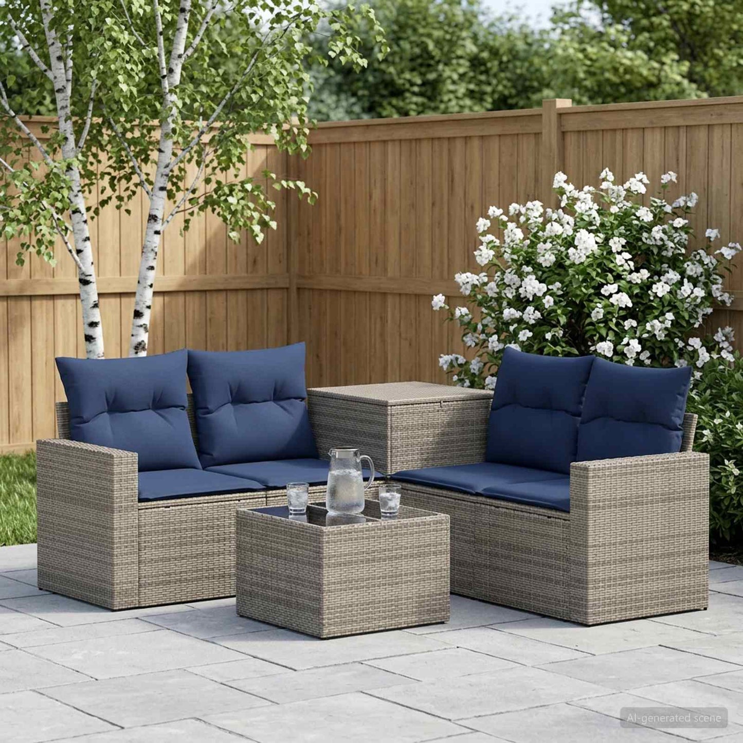 Set di divani 6 pz Grigio e Blu Navy Rattan sintetico e Acciaio | homemem39