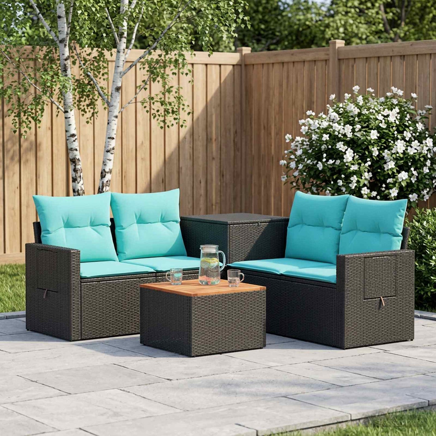 Set di divani 6 pz Nero e Blu Rattan sintetico e Acciaio