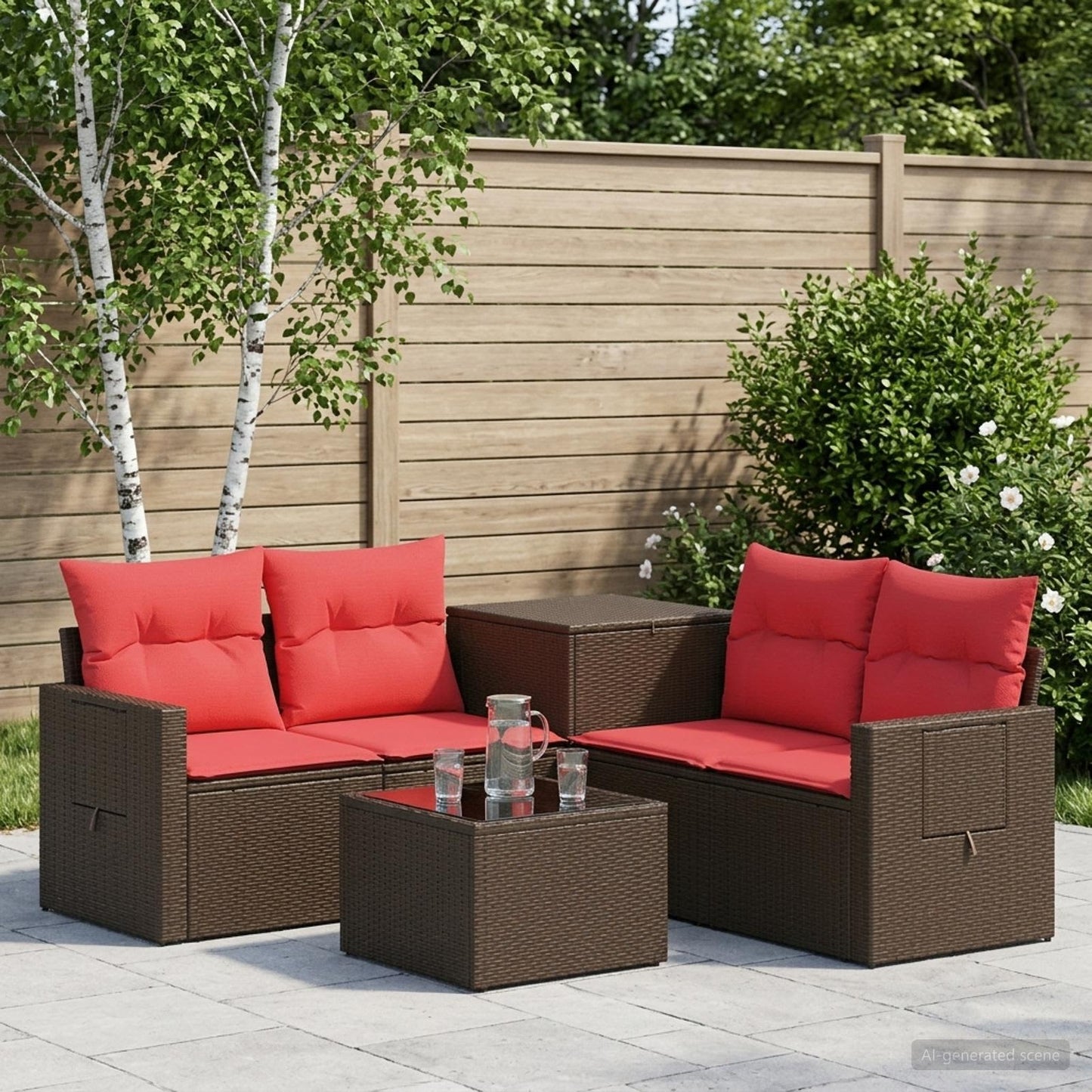 Set di divani 6 pz Marrone e Rosso Rattan sintetico e Acciaio