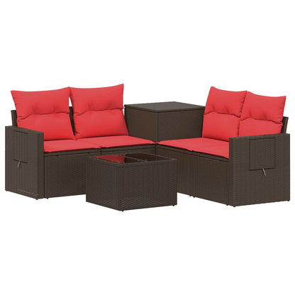 Set di divani 6 pz Marrone e Rosso Rattan sintetico e Acciaio