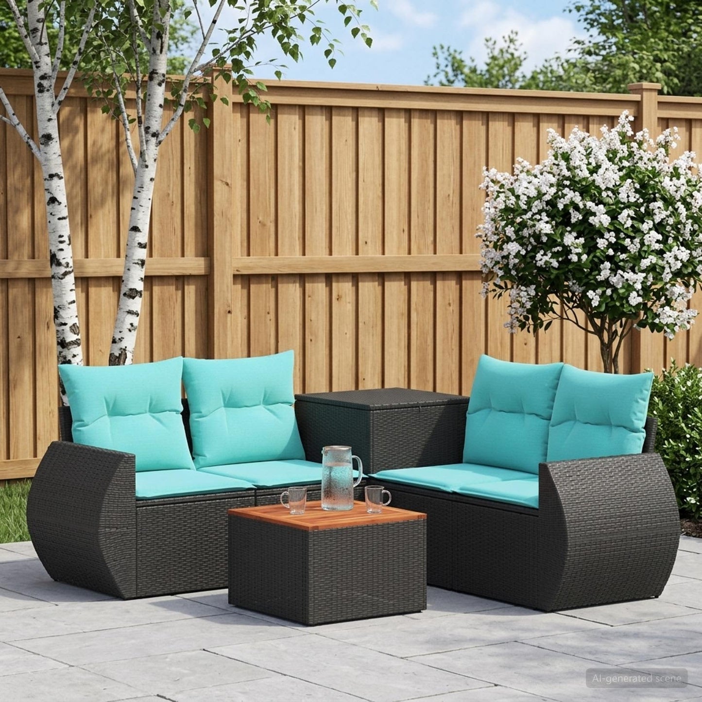 Set di divani 6 pz Nero e Blu Rattan sintetico e Acciaio | homemem39